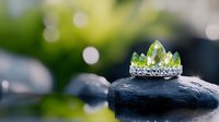 Delicate silver crown ring with green gemstones on black spa stone against blurred natural background with bokeh lights. Jewelry photography concept.