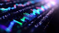 Glowing financial chart with neon blue and purple colors showing market data analysis on black background, macro view of digital trading graph display.