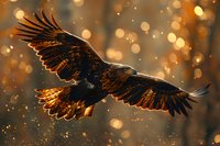 Majestic golden eagle soaring through glowing sunset sky with bokeh light effects, wings spread wide against warm autumn background, dramatic wildlife scene.