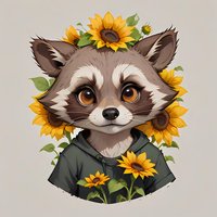 Adorable raccoon character wearing green hoodie surrounded by bright sunflowers, artistic portrait style illustration on neutral background. For children decor.