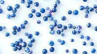 Fresh ripe blueberries scattered on white background, top view. Natural organic berries pattern with soft shadows for healthy food design.