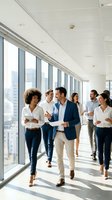 Diverse business team walking through modern office corridor with floor-to-ceiling windows discussing project collaboration and teamwork strategies.