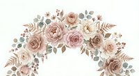 Elegant floral arch with dusty rose and blush pink roses, eucalyptus leaves and dried ferns on transparent background for wedding design projects.