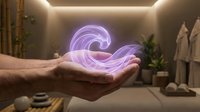 Male hands holding glowing purple energy wave in modern spa wellness center with ambient lighting and natural decor elements for holistic healing concepts.