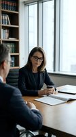 Mature Caucasian businesswoman in glasses reviews documents during a formal meeting with a male colleague in a law office.
