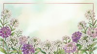 Watercolor floral border with purple and white blooms on soft green background, featuring elegant rectangular frame for text or greeting card design.