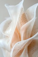 Delicate white petals with soft peach undertones and scattered dark spots create an abstract floral macro composition with gentle curves and flowing organic shapes.