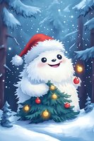 Cute yeti monster in red Santa hat decorating small Christmas tree with ornaments and lights in snowy winter forest during snowfall at night.