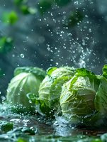 Fresh green cabbage heads with water droplets splashing, creating dynamic motion against dark background. Perfect for food photography.