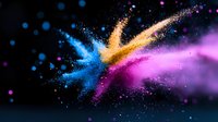 Colorful powder explosion on black background with blue, gold and pink dust clouds creating dynamic motion effect. Suitable for creative design projects.