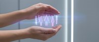 Protective hands surrounding glowing holographic family figures representing insurance coverage, healthcare protection, and family security concepts.