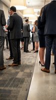 Group of diverse professionals in business attire networking and conversing in modern office corridor with overhead lighting during corporate event or meeting.