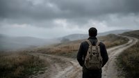 Rear view of male hiker wearing backpack standing on rural mountain road with dramatic cloudy sky and rolling hills landscape for travel and adventure concepts.