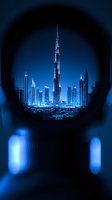 Futuristic night cityscape with Burj Khalifa and modern skyscrapers viewed through circular window frame, illuminated in deep blue tones creating dramatic atmosphere.