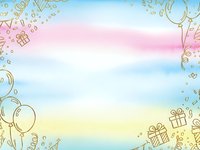 Pastel rainbow sky background with golden party elements border frame for celebration designs and festive greeting cards.