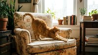 Ginger cat stretching on vintage floral armchair in sunlit living room with plants, books and warm home decor.