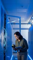 Female IT technician with flashlight inspecting server equipment in modern data center with blue lighting for technology and infrastructure projects.