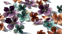 Dried flowers in shades of purple, brown, and teal scattered on white background, ready for craft projects, floral arrangements, and design applications.
