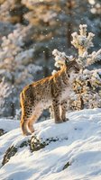 Eurasian lynx standing on snowy rock in winter forest with falling snowflakes and golden sunlight filtering through frost-covered evergreen trees.