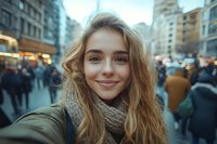 Young blonde woman taking selfie on busy city street wearing cozy knit scarf and winter coat, smiling at camera with natural makeup and windswept hair.