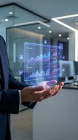 Businessman displaying holographic financial dashboard with charts and graphs in modern office environment for data analysis and business intelligence.