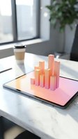 Holographic bar chart displayed on tablet screen at modern office desk with coffee cup and window view, representing data analytics and business growth.