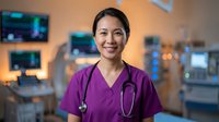 Professional female healthcare worker of East Asian descent wearing purple medical scrubs and stethoscope, smiling in modern hospital setting with medical equipment and monitors in background.