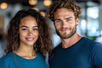 Happy young mixed-race woman and Caucasian man smiling together in modern office or cafe setting with warm bokeh lights in background for lifestyle content.