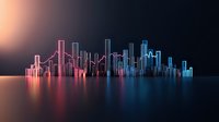 Futuristic city skyline with neon gradient effect from pink to blue, reflecting on water surface against dark background, modern urban landscape visualization.