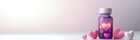 Pink and white hearts floating in purple glass bottle against soft gradient background, romantic wellness concept for valentines and love themes.