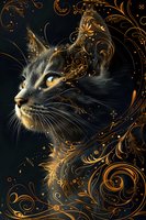 Mystical black cat profile with golden ornate swirls and magical flourishes against dark background, glowing amber eyes and ethereal decorative patterns.