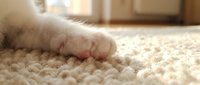 Close-up of cat paws on soft beige carpet, showing pink toe beans and fur detail. Perfect for pet, animal care, and home interior design projects.