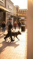 Security officer with police dog patrolling shopping mall during golden hour sunset with warm lighting and shoppers in background.