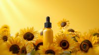 Yellow cosmetic dropper bottle surrounded by bright sunflowers on golden background, natural skincare concept for beauty and wellness products.