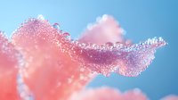 Delicate pink frost crystals forming intricate patterns against blue sky background, macro photography reveals nature's winter artistry in sparkling detail.
