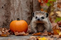 Adorable hedgehog next to orange pumpkin surrounded by autumn fallen leaves on rustic background, seasonal fall nature composition with small spiky animal.