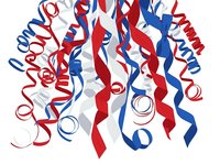 Festive red, white, and blue ribbons and streamers cascade downward on transparent background, perfect for patriotic celebrations, holiday designs, and decorative projects.