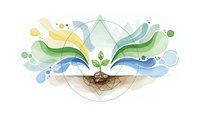 Abstract eco-friendly concept with growing plant in hands surrounded by flowing organic shapes and geometric elements on white background.