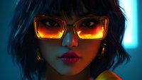 Asian woman wearing orange tinted sunglasses in neon lit environment, bright red lipstick and short black hair, dramatic cyberpunk style portrait with blue ambient lighting.