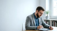 Professional businessman with glasses writing notes at modern office desk near window during daytime work session.
