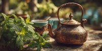 Vintage copper teapot with fresh mint leaves on rustic wooden surface for herbal tea preparation and traditional brewing ceremonies.