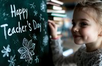 Young Caucasian girl writing Happy Teacher's Day message on green chalkboard with chalk drawings, smiling in classroom with books in background.