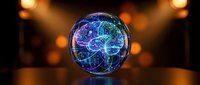 Glowing digital brain inside a crystal sphere with neon circuit lines on a dark bokeh background, symbolizing AI and futuristic technology.