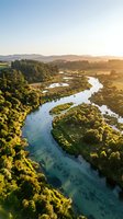Aerial view of winding river flowing through lush green forest and pastoral valley at golden hour sunrise, showcasing natural landscape and scenic countryside terrain.