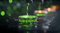 Liquid drop splashing into green glowing substance creating ripple effect with bokeh background, captured in macro photography with dramatic lighting.