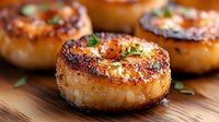 Pan seared sea scallops with caramelized golden crust garnished with fresh herbs on wooden surface, close up view showing texture and juicy meat.