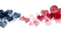 Watercolor hearts in navy blue and pink tones flowing across white background, romantic Valentine's Day design for greeting cards and wedding invitations.