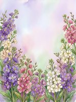 Watercolor floral border with purple, pink, and white blooms on soft pastel background, copy space for greeting cards and invitations.