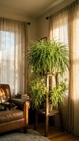 Cozy living room corner with large spider plant on wooden stand next to leather armchair and sheer curtains filtering warm natural sunlight.