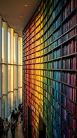 Modern library interior with rainbow colored books arranged on curved shelves creating vibrant spectrum wall for education and learning concepts.